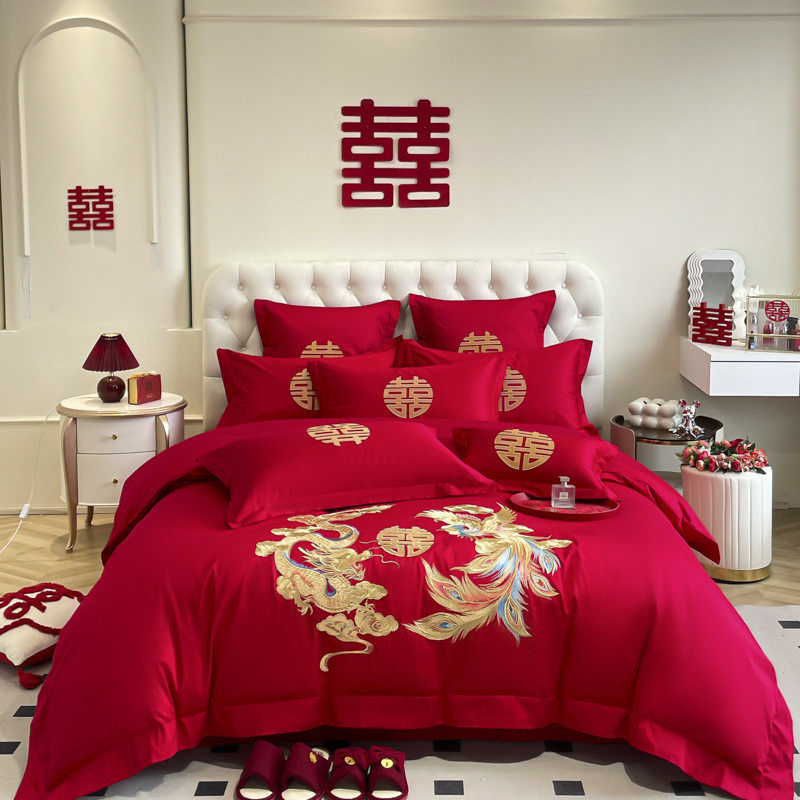 简约中式婚庆四件套大红色龙凤刺绣喜被婚房床单被套结婚床上用品