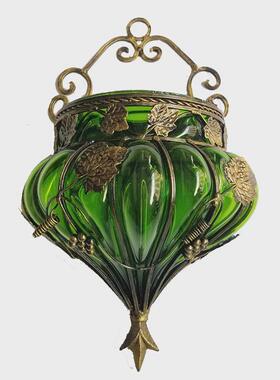 2eie美式复古铁艺壁饰壁挂人工吹制玻璃花瓶绿绿色水培挂墙装饰