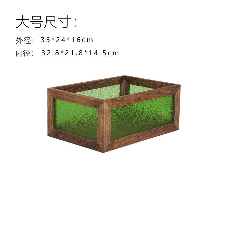 复古木质化妆台桌面装饰盒杂物整理无盖木盒摆设海棠花玻璃收纳盒