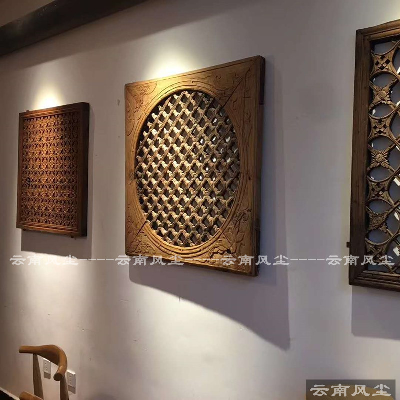 老窗花物件手工雕刻木雕花板装饰窗户民俗老物件老木窗装饰