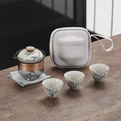 户外旅行功夫茶具套装便携包简约一壶三杯玻璃快客杯手绘哥窑陶瓷