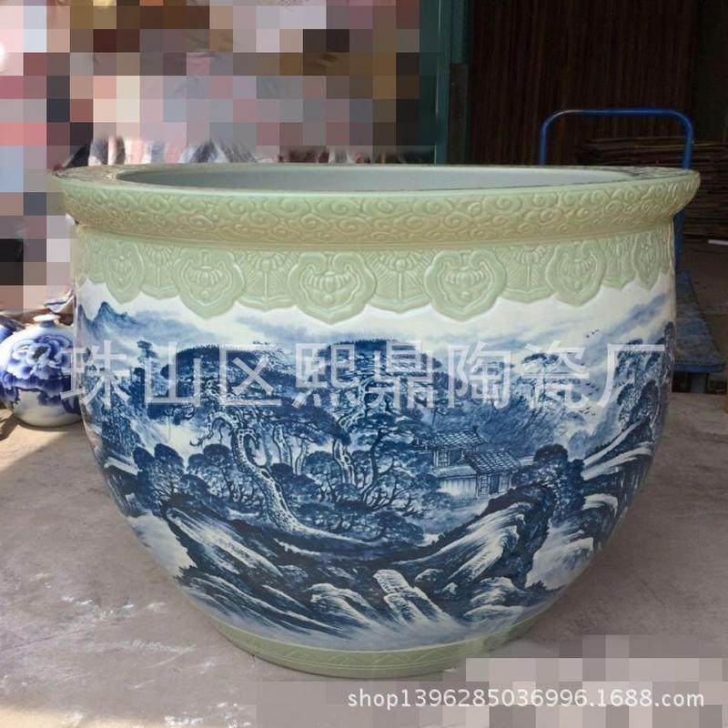 景德镇缸大号鱼缸手绘青花山水特大号缸园林装饰陶瓷洗浴缸