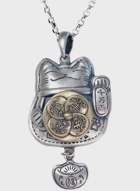 适用纯银风生水起福运猫项链可转动元宝流苏吊坠毛衣链民族风饰