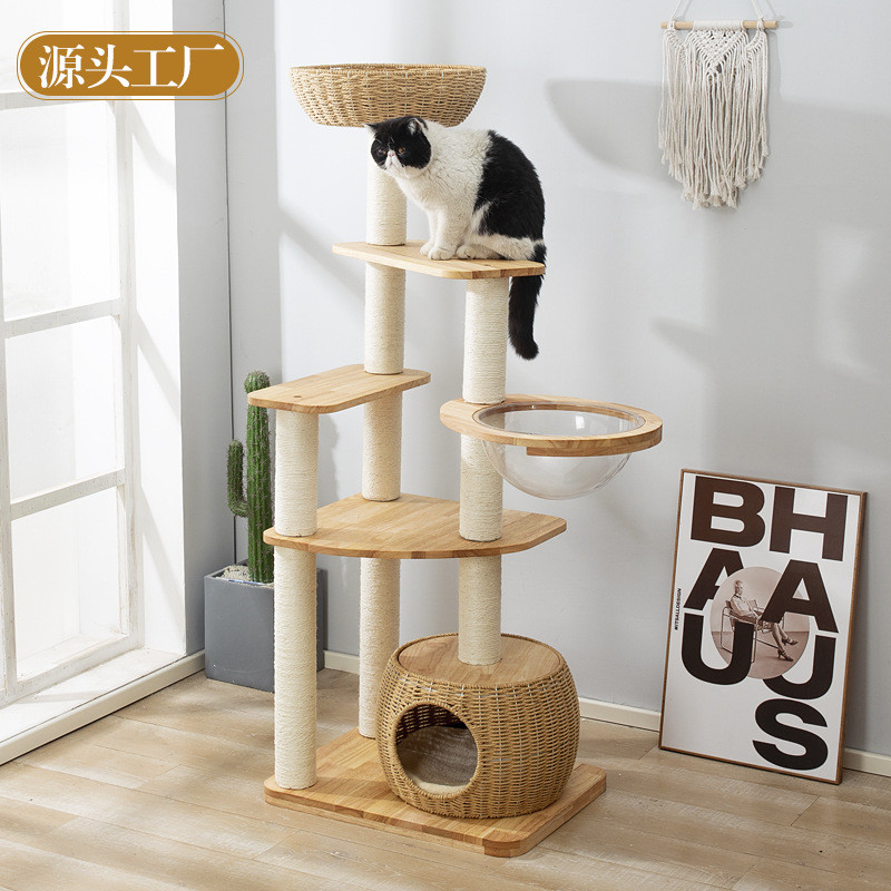 实木猫爬架占地猫树一体太空舱猫抓板编织窝藤编剑麻猫架不猫窝