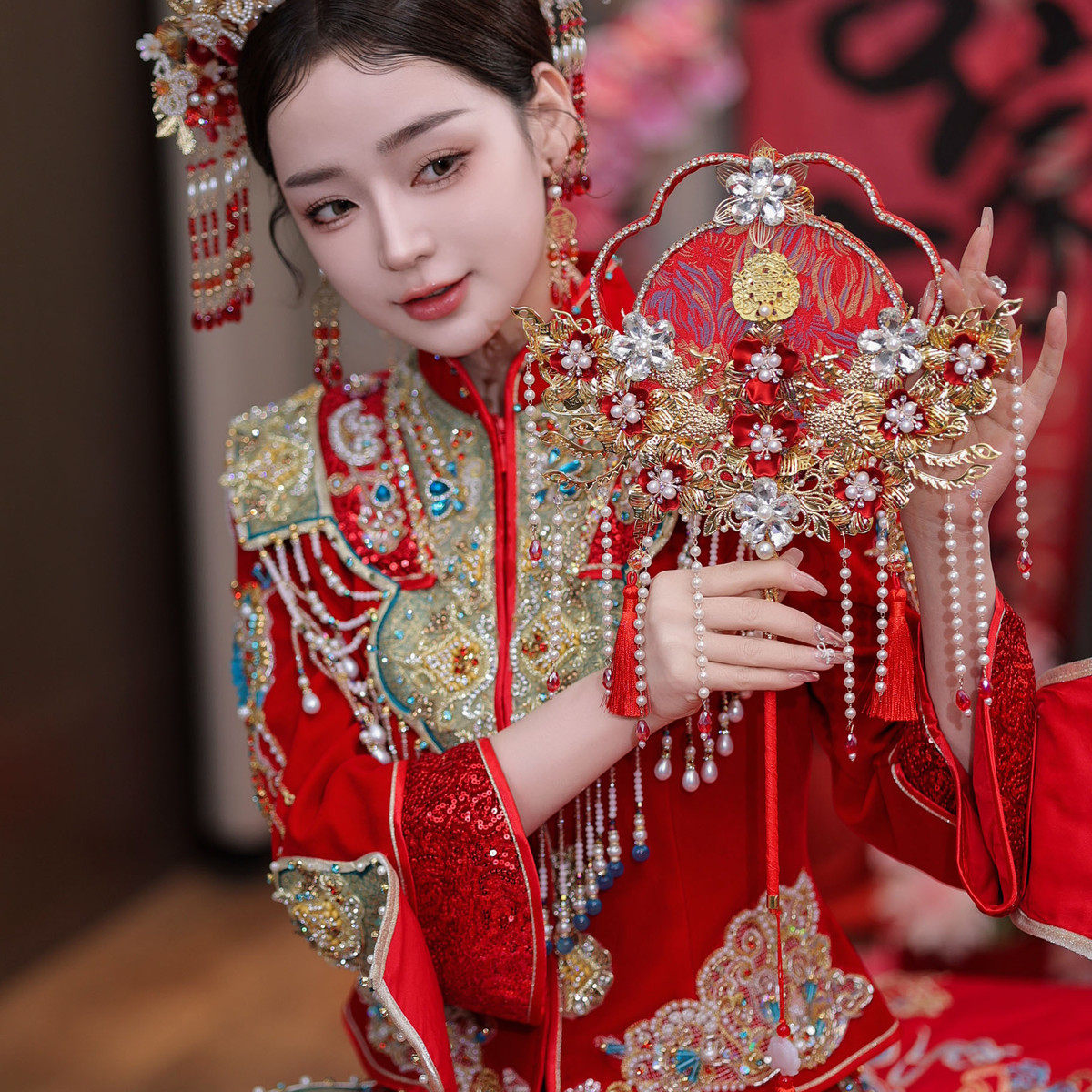 双面蕾丝新娘结婚秀禾服团扇新中式红色成品遮面红色diy喜扇团扇