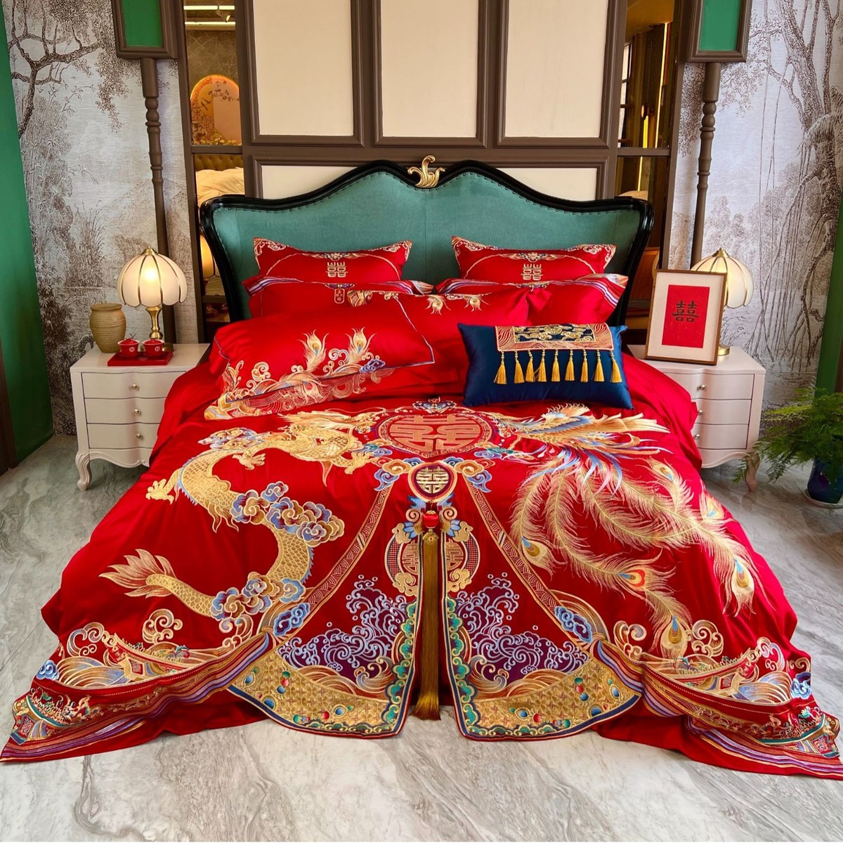 龙凤高端婚庆家纺红色四件套结婚床上用品陪嫁婚房布置被套婚嫁