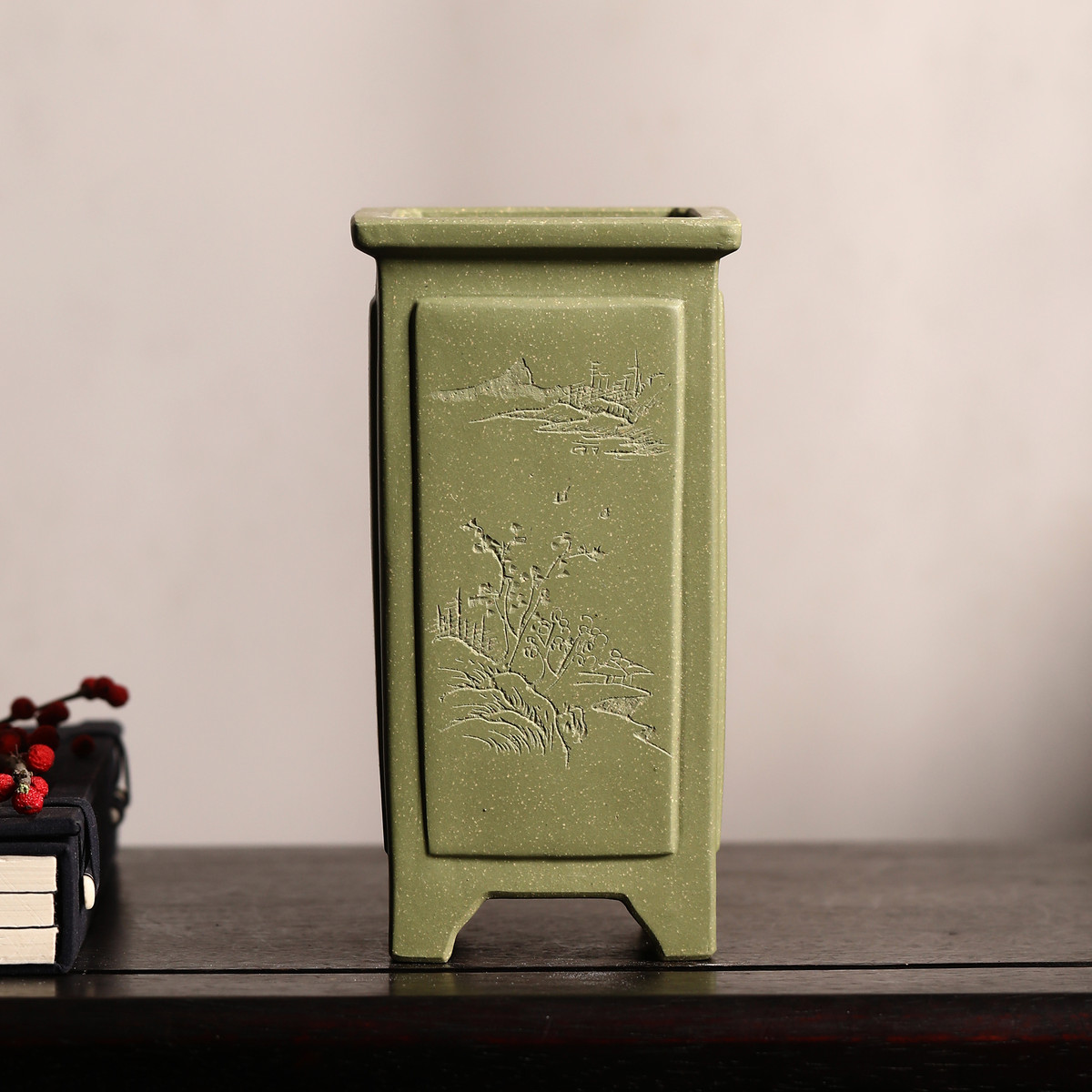 盆景陶瓷紫砂花盆盆苏玲名家盆正方形四方刻绘手绘兰花盆兰盆