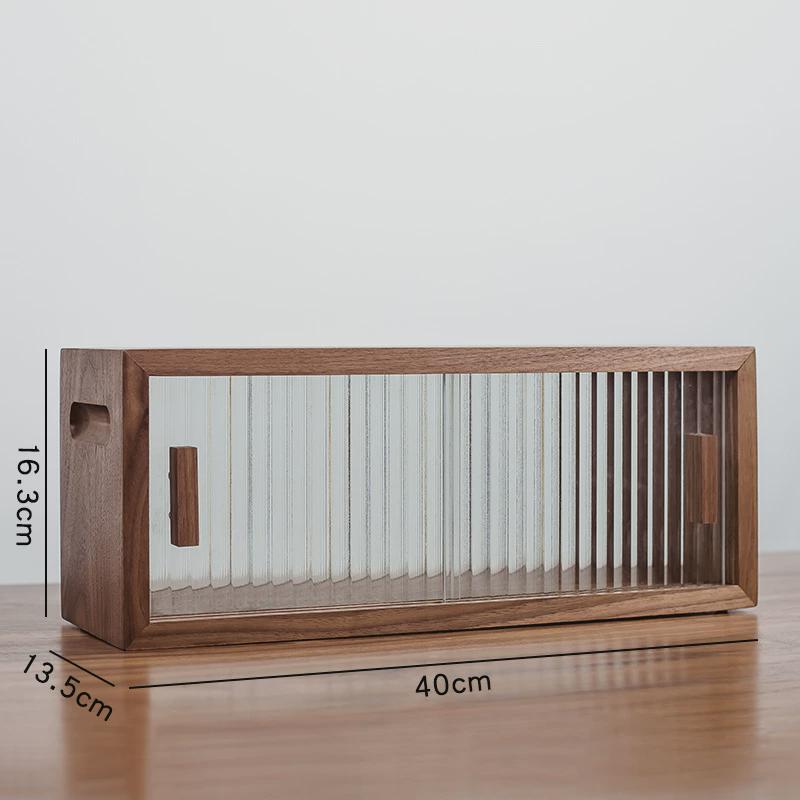 茶具桌面收纳盒防尘水杯收纳柜黑胡桃木实木杯子置物架台面餐边柜