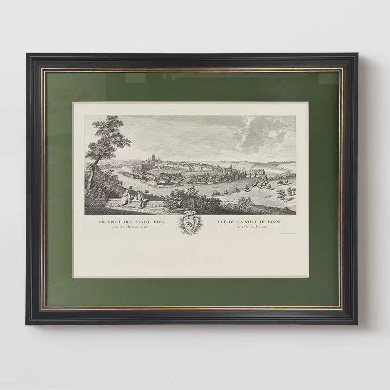 高档欧式小众复古装饰画客厅餐厅玄关横版素描风景挂画卡纸壁画图片