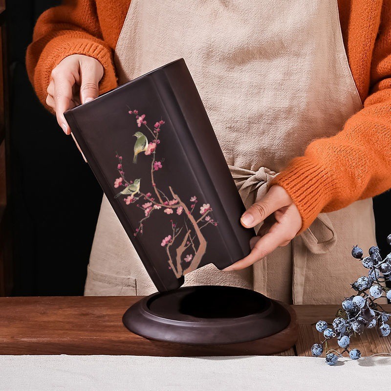 紫砂花盆现代中式方形陶瓷花盆带托盘盆景兰花盆