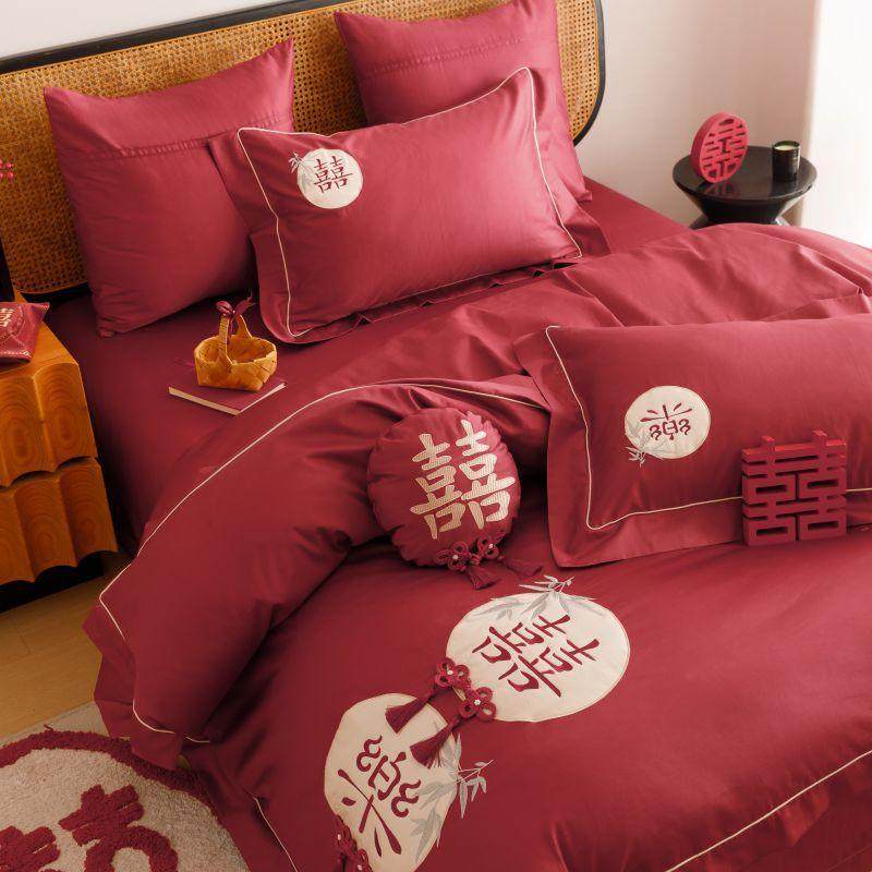 被套婚庆100支长绒棉四件套全棉床单红色新中式纯棉结婚陪嫁喜被,床上用品,婚庆床品套件,淘宝优惠券,粉丝福利购,淘宝优惠卷