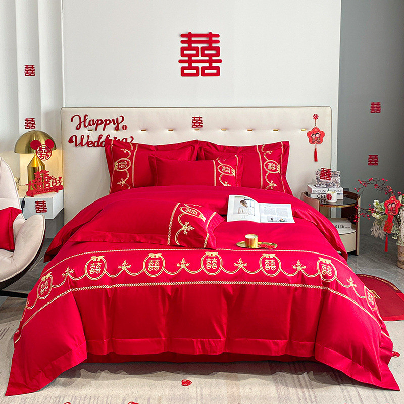 厂家批发轻奢纯色四件套大红色婚庆刺绣款床单被套水洗棉磨毛床品