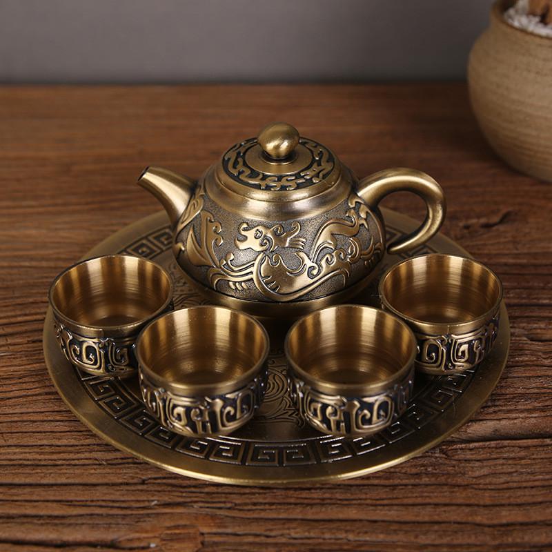 商务礼品合金属青铜器工艺品摆件6件套装茶具茶壶茶杯托盘