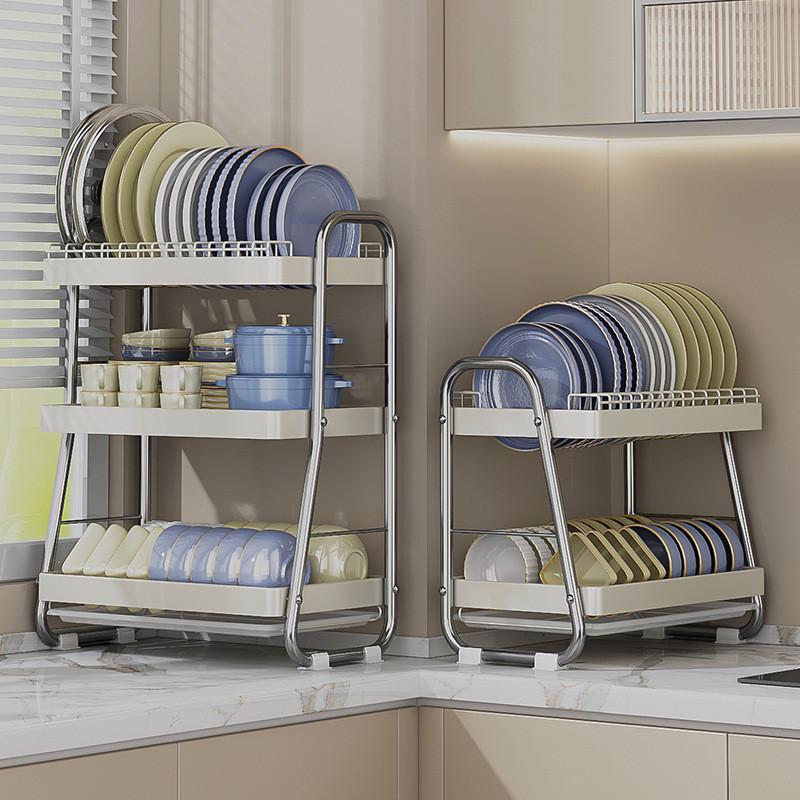 热销厨房碗碟收纳架台面分层撞色沥碗架沥水多功能筷子碗盘家用架