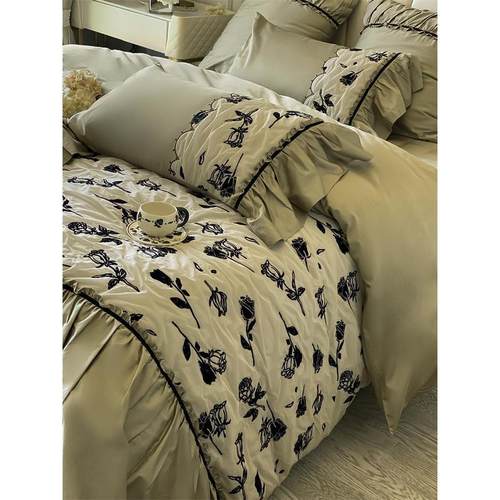 热销A类法式复古风100支纯棉四件套全棉被套床单裸睡家纺床上用品