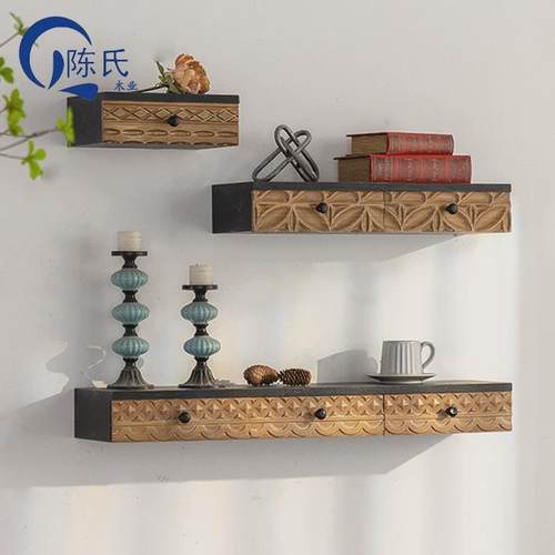 热销实木墙上置物架一字隔板原木可收墙带抽屉纳隔板收纳书架墙面