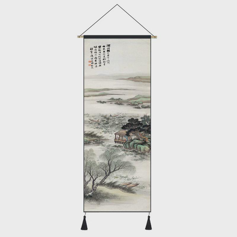 中国风山水画写意布布艺客厅背景墙装饰画卧室床头中式挂画画挂毯图片