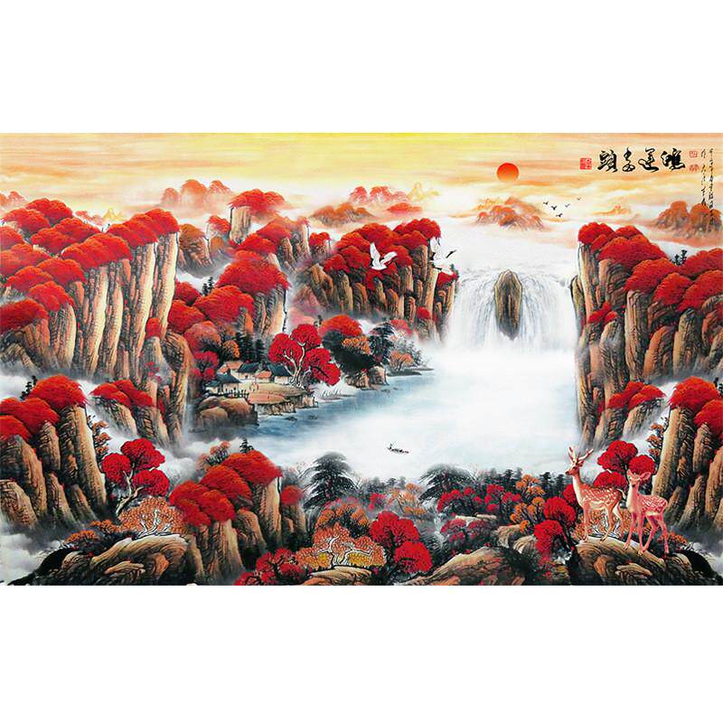 来图.中式山水装饰8客厅壁纸电视背景墙壁画墙纸大厅自粘贴画