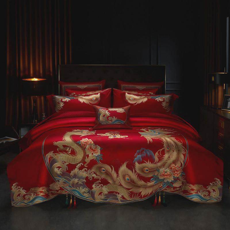 结婚龙凤刺绣四件套新中式1.8米2米床上用品红色六件套婚嫁被套,床上用品,婚庆床品套件,淘宝优惠券,粉丝福利购,淘宝优惠卷