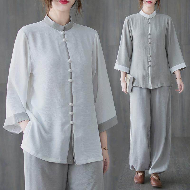 复古中国风春夏太极服女茶服武术表演练功服中袖工作服棉麻套装女