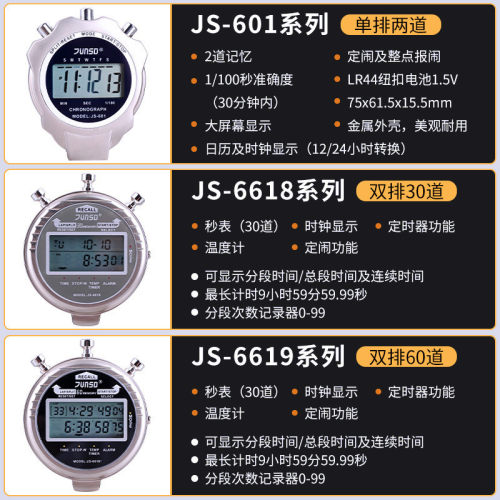君斯达金属健身秒表601单排2道电子运动计时器防水多功能跑步表