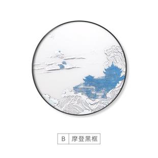 新中式复古建筑实物画挂画立体肌理浮雕装饰画书房玄关圆形丝绢