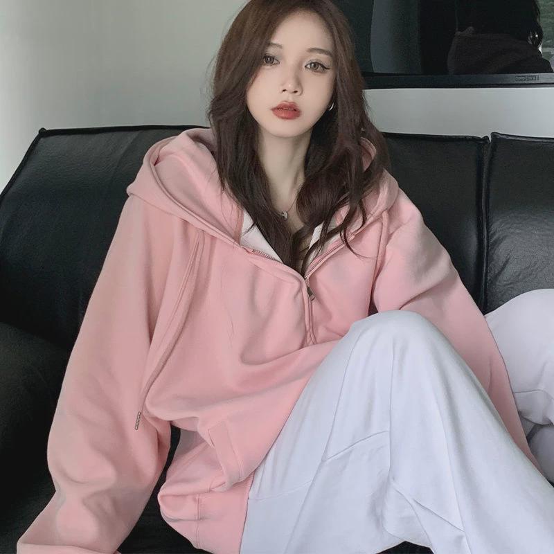 纯棉白灰色韩版宽松春秋季卫衣女bf拉链连帽开衫外套百搭中长新款