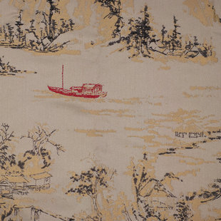 新中式山水人家高精密提花面料实木家具抱枕坐垫布料沙发垫棕垫