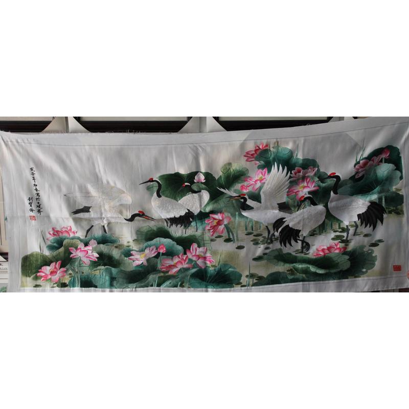 苏绣绣片荷花办公室装饰画苏州手工刺绣百骏图客厅图