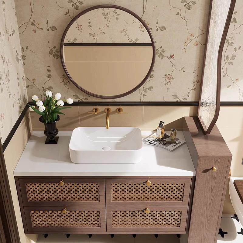 法式中古风浴室柜组合卫生间陶瓷一体盆实木洗漱台洗手洗脸台盆柜