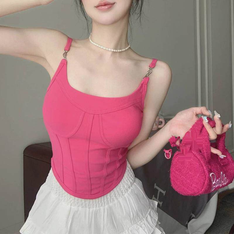 玫红色上衣辣妹性感鱼骨吊带背心女夏季内搭外穿短款无袖打底修身