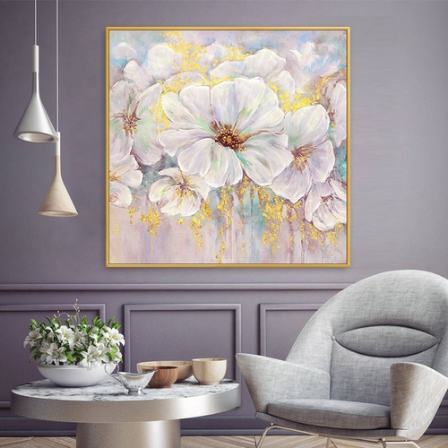 手绘油画美式牡丹金箔花卉简约餐厅客厅装饰画北欧走廊背景墙挂画