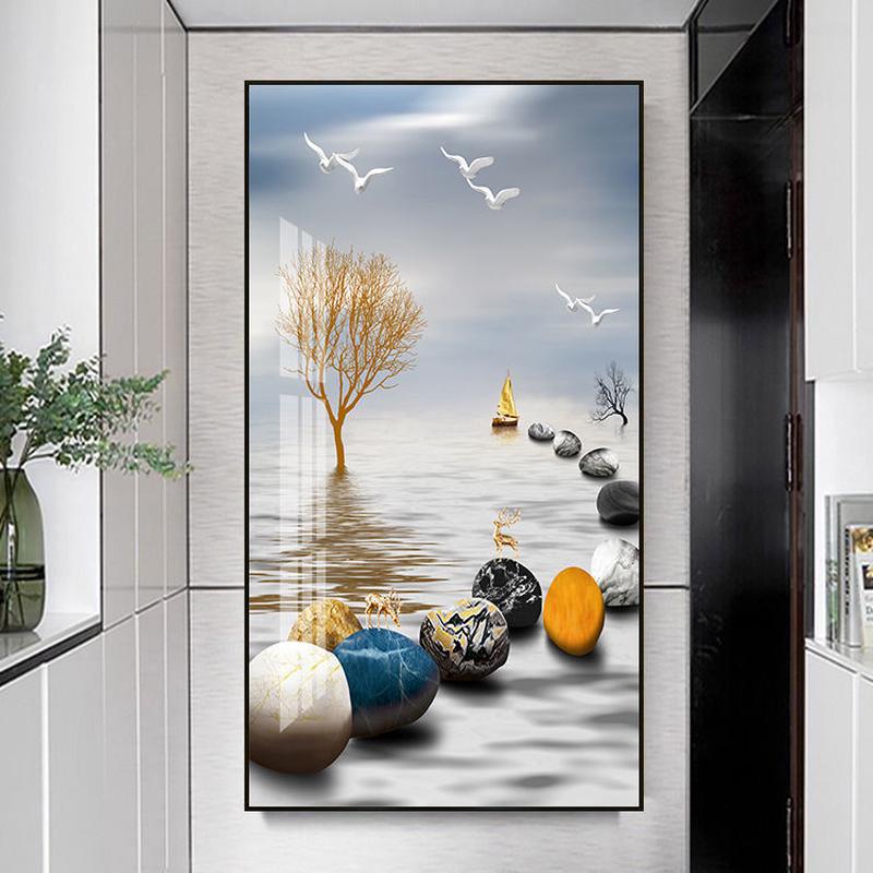 新中式客厅玄关装饰画瓷晶入户门挂画走廊过道竖版壁画有框单幅墙