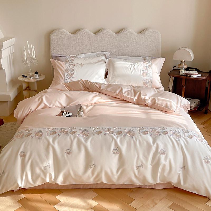 a524轻奢少女心100支拼色全棉四件套法式花朵刺绣长绒棉被套床上