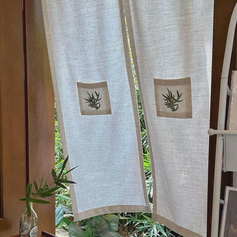 侘寂风亚麻棉麻分片式美式田园风贴布绣花门帘中古风竹韵隔断帘
