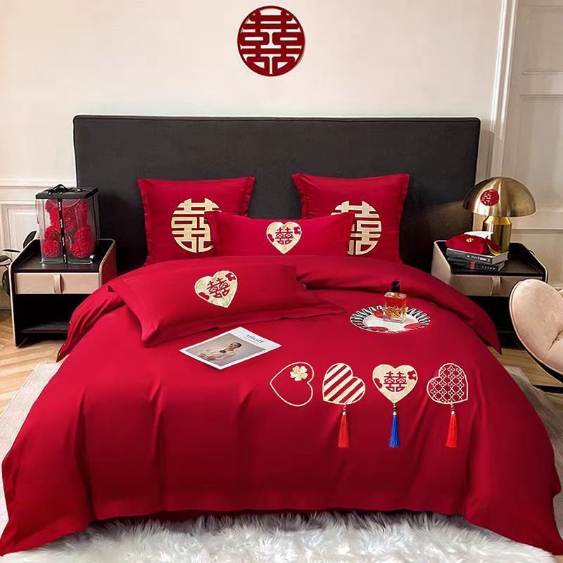 婚庆床品套件四件套刺绣婚嫁结婚床上用品床笠亲肤柔软不起球床单