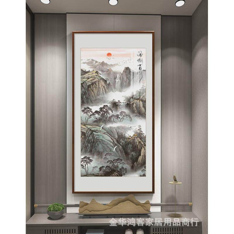 新中式风景画带框玄关装饰画竖款走廊过道墙壁挂画迎客松山水客厅