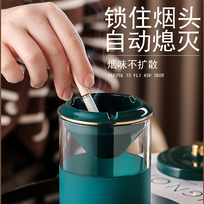a5l防风烟灰缸带盖子漏玻璃斗式分离易清洗锁住烟头自动熄灭陶瓷