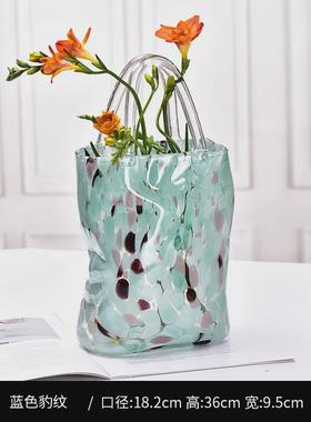透明落地摆件客厅花点玻璃花瓶带提手奢北欧竖条花瓶水培插花花瓶