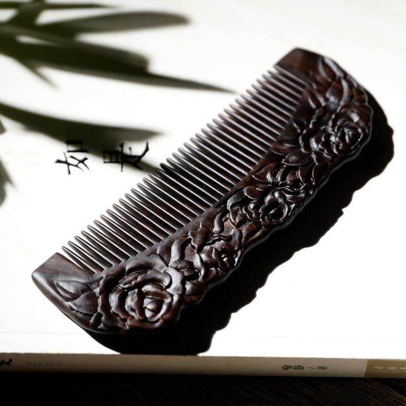 媺娇娘紫光檀木梳雕刻美发头梳黑檀乌木创意梳子工艺木梳玫瑰