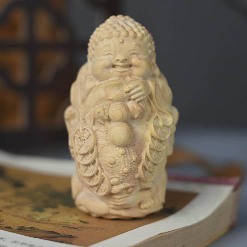如来佛抱金蟾迷你版小叶黄杨木雕刻木质工艺车载汽车摆件品礼品