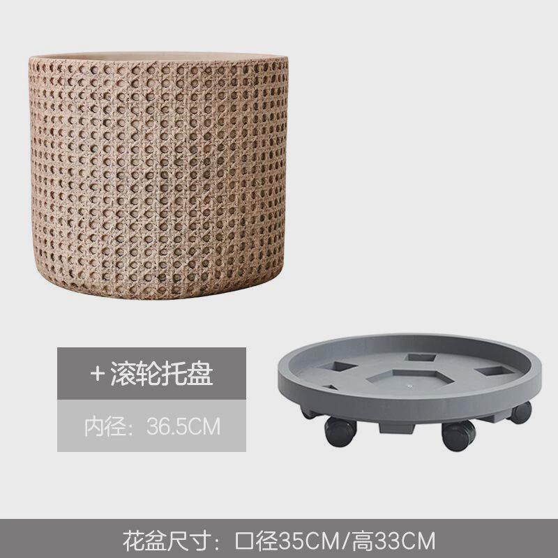 大口径北欧复古编织篮水泥混凝土庭院阳台客厅落地大花盆带托盘