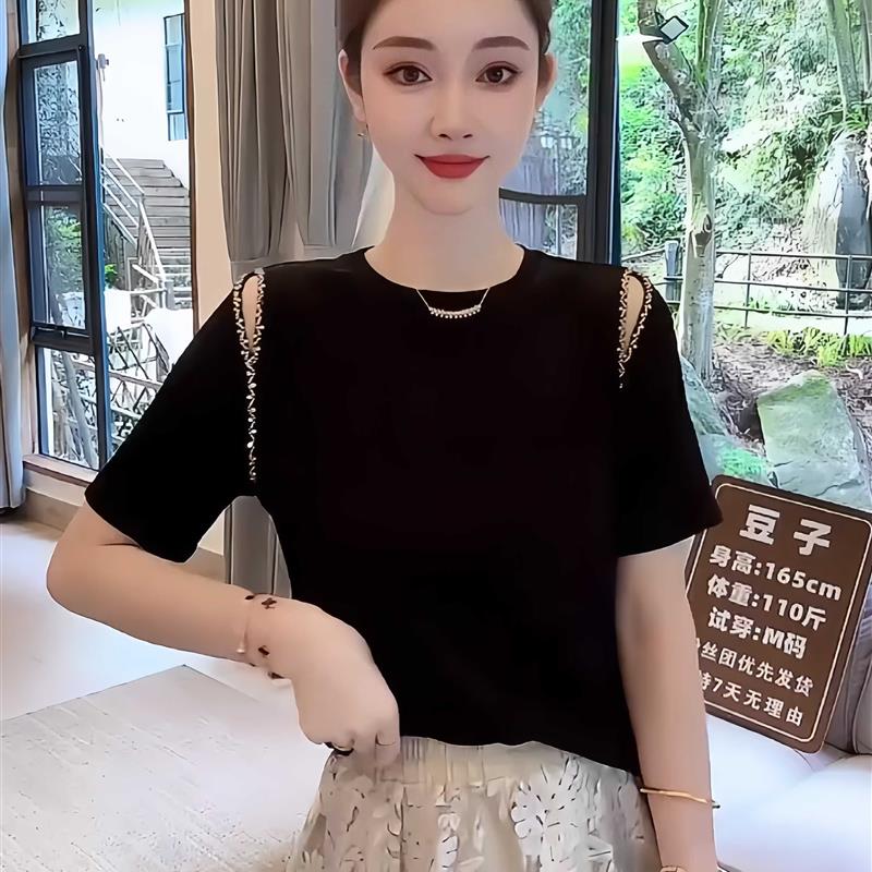 黑色露肩短袖t恤女2025新款夏季爆款圆领冰丝设计感修身显瘦上衣