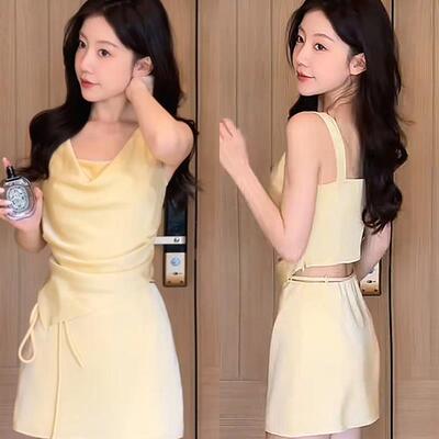 法式气质荡领无袖上衣+系绳半身短裙子2025夏季新款高级感套装女