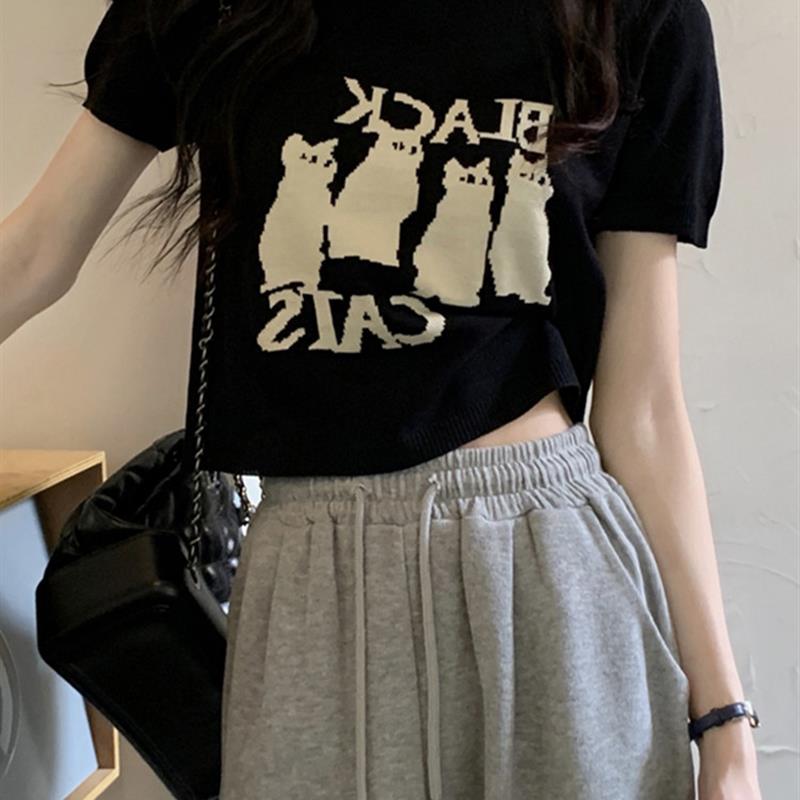 2025新款夏季显瘦短款猫咪印花T恤女小众正肩短袖冰丝针织衫上衣