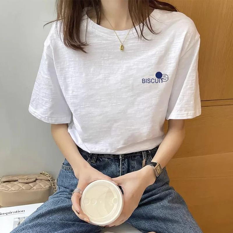 白色竹节棉短袖T恤女2025夏季新款宽松印花纯棉正肩半袖体恤上衣