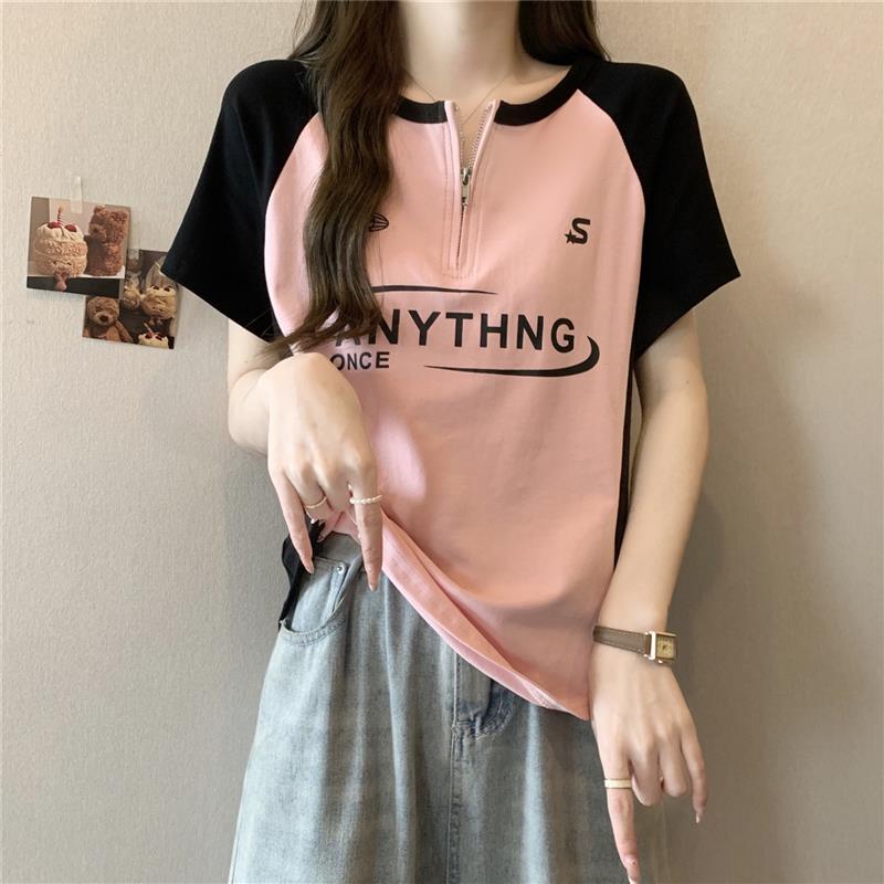 正肩短袖t恤女撞色字母印花夏季胖mm大码遮肉显瘦拉链半开领上衣