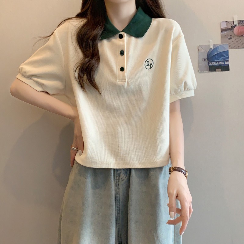 大码女装遮肚子POLO领正肩短袖T恤女夏季胖妹妹宽松显瘦短款上衣