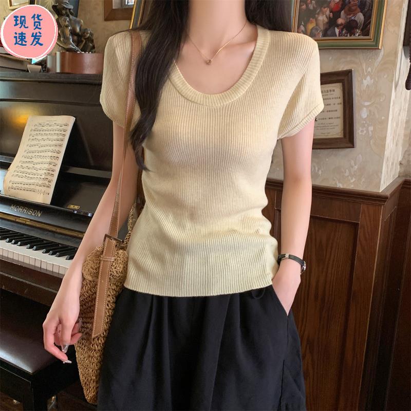 纯欲绝美2025夏季新款法式u领修身高级感冰丝针织衫短袖t恤女上衣