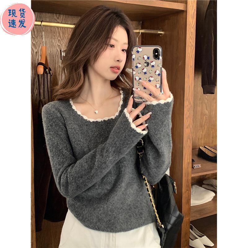 法式灰色方领打底衫女秋冬甜辣短款毛衣高级感内搭长袖针织衫上衣